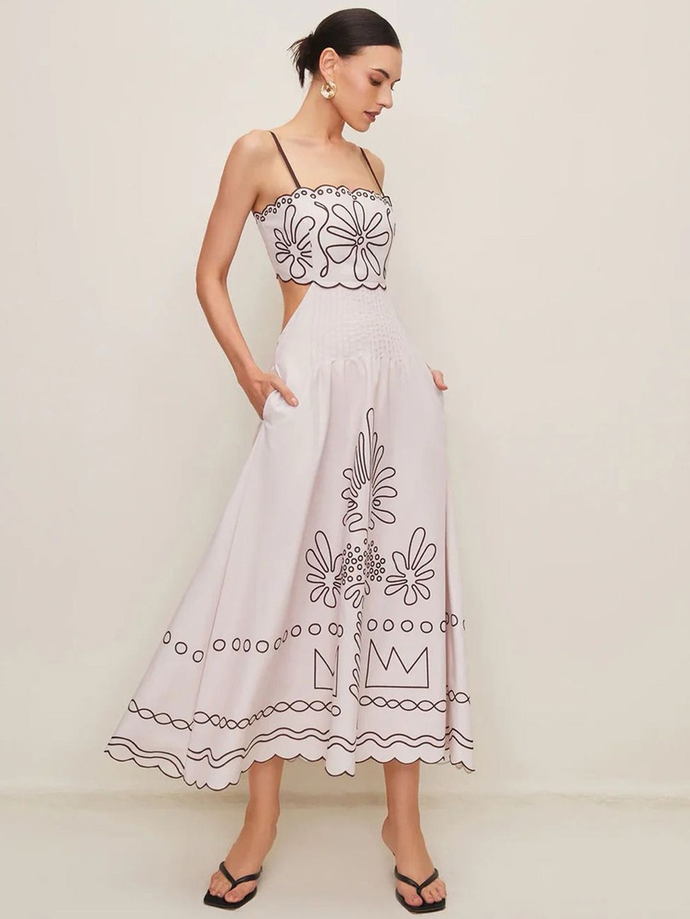 NWT ABBEY BEIGE Midi Dress with Black Floral and Cutout Details LARGE